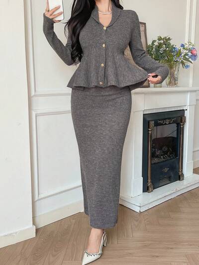 Women's Solid Color Long Sleeve Ruffle Hem Knitted Cardigan And Knitted Skirt Elegant 2 Pieces Set, Autumn/Winter