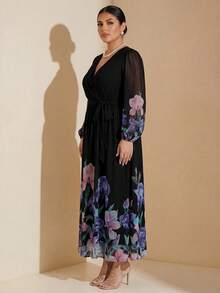 Modelyn Plus Size Elegant Floral Print Party Gym Dress Brown Autumn - Multicolor - View 6