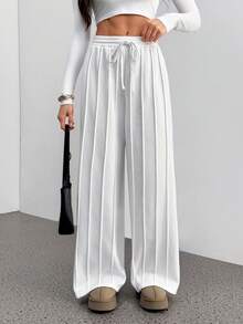 SHEIN Tall Women's Casual Everyday Commute Sporty Letter Drawstring Waist Seam Front Loose Wide Leg Pants,White Pant - White - View 8
