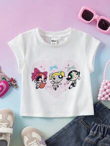 THE POWERPUFF GIRLS X SHEIN Round Neck Short Sleeve T-Shirt For Young Girls - White - View 1