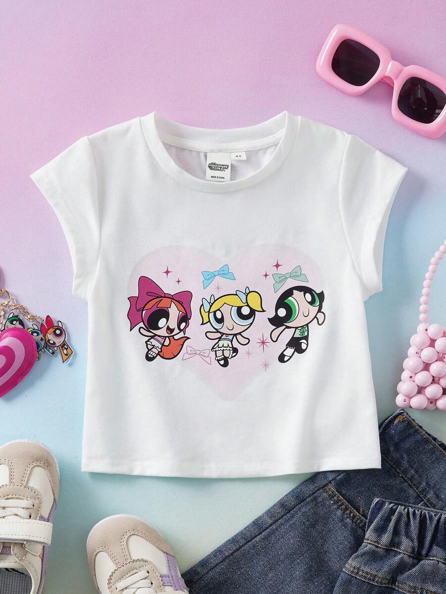 THE POWERPUFF GIRLS X SHEIN Round Neck Short Sleeve T-Shirt For Young Girls - White - View 1