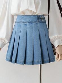 GlowEve 女士休闲牛仔百褶迷你裙，夏季 - 淺色水洗藍 - 查看 1