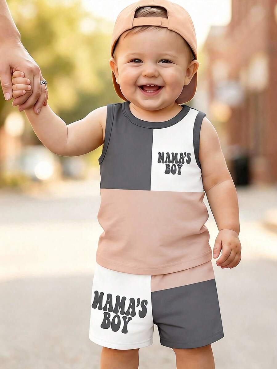 2pcs Baby Boy Casual Colorblock Patchwork "MAMA'S BOY" Letter Print Tank Top And Shorts Set, Summer Outfits - Multicolor - View 1