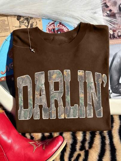 EMERY ROSE American Retro Camo "DARLIN'" Letterprint Casual Plus-Sized T-Shirt