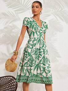 Amorya 女士热带植物印花连衣裙，带口袋，春夏装扮，复活节礼服，优雅派对装，海滩装，母亲毕业礼服，毕业礼服，伴娘礼服，婚礼宾客礼服，婚礼，女士度假装，夏季假日装，女士正式服装，Y2K风格，女士办公室装，花卉连衣裙，度假装，女士度假连衣裙，女士夏季连衣裙，女士春季连衣裙，女士休闲连衣裙 - 綠色 - 查看 3