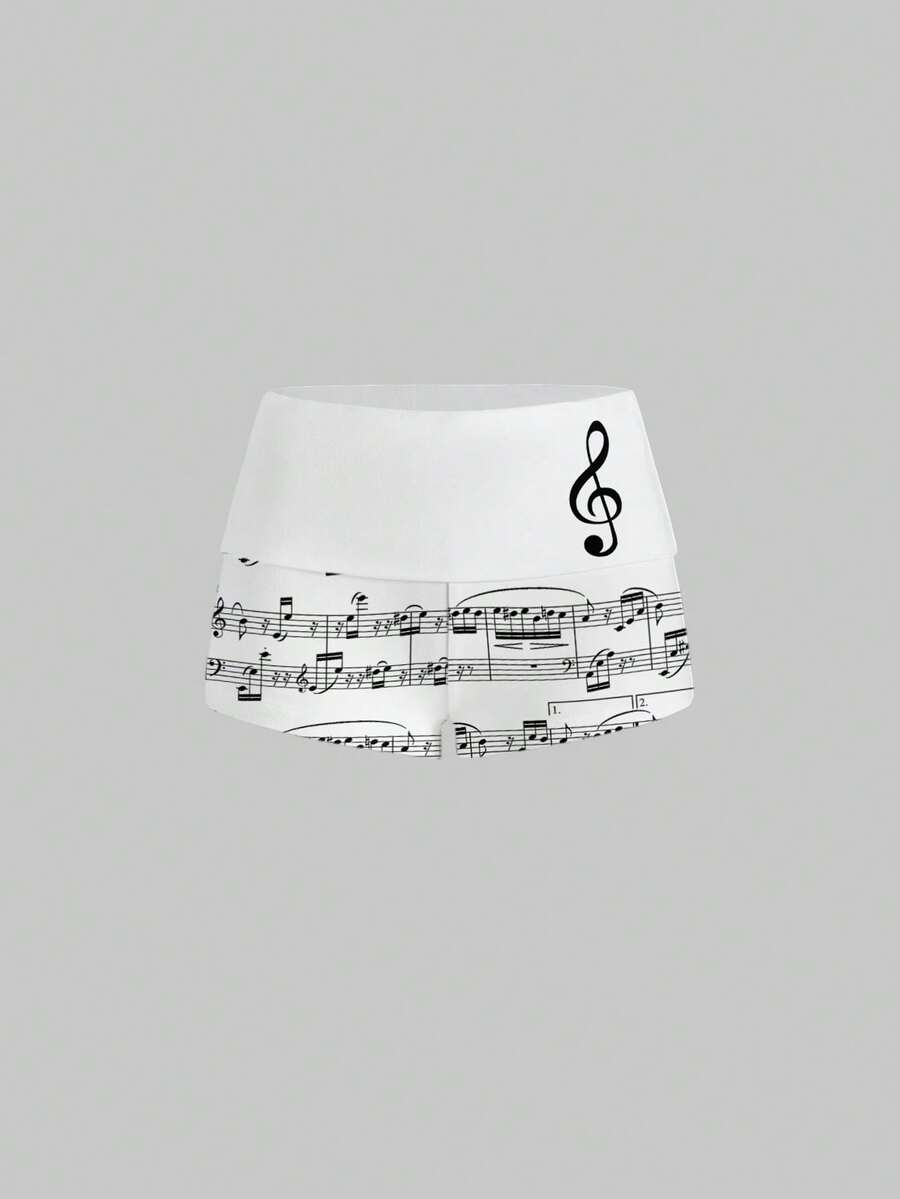 ROMWE Kawaii 女士音符印花休闲百搭日常短裤 - 白色 - 查看 1