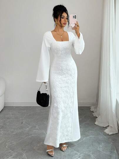Rafferiza Women's Arabic Style Dress, Beaded Mesh Embroidered Patchwork, High Stretch Knit Solid Color, Fitted Flared Sleeve, Waist Cinched, Elegant Formal Dress For Party, Wedding, Holiday, Spring/Summer Luxury Dresses For Women Long Dresses With Sleeves