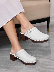 Sleekvia Women's Fashion Thick Heel Slide Sandals With Buckle Design - White - View 1