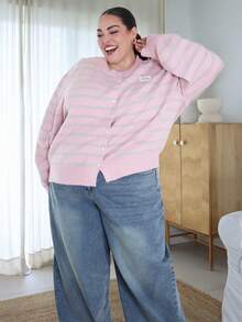 Pretty and Ole Cute Knitted Striped Loose Cardigan, Casual Sweater For Girls, Plus Size Women, Autumn/Winter - Pink - View 4