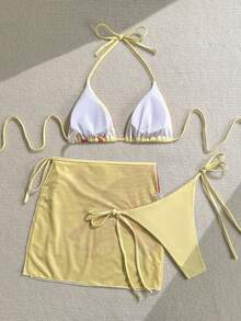 Soleia Bộ bikini gợi cảm mùa hè dành cho nữ, họa tiết hoa, kiểu buộc dây cổ, kèm áo khoác ngoài và váy. - Nhiều màu - Xem 2