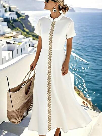 SHEIN Elenzya 女士杏色束腰金银串珠腰带A字短袖优雅显瘦奢华通勤复古连衣裙，春夏款