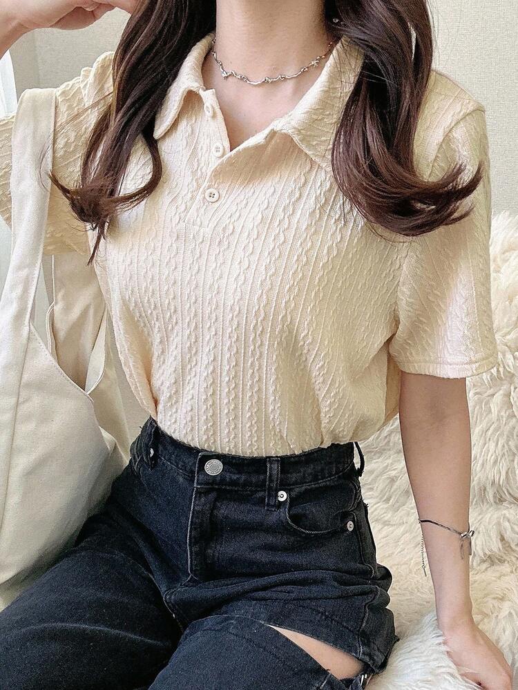 Women's Solid Color Half-Button Polo Collar Casual Short Sleeve T-Shirt Summer