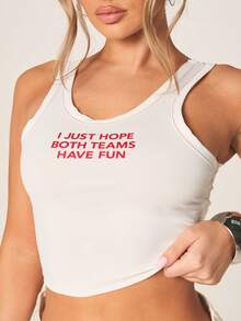 MISSGUIDED Camiseta de tirantes con texto impreso, eslogan humorístico, cuello redondo casual, top de verano con cita sarcástica, camiseta blanca, ropa deportiva de la Copa del Mundo - Blanco - Ver 2