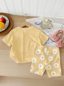 SHEIN LMoss Kids 两件套女婴碎花圆领短袖上衣和短裤休闲家居服套装，适合夏季穿着 - 彩色 - 查看 2