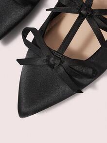 CUCCOO DOLLMOD French Black Satin Pointed Toe Bow Shoes, Thin Strap One-Buckle Slip-On Shoes, Commuting & Date Elegant Lady Shoes - Black - View 5