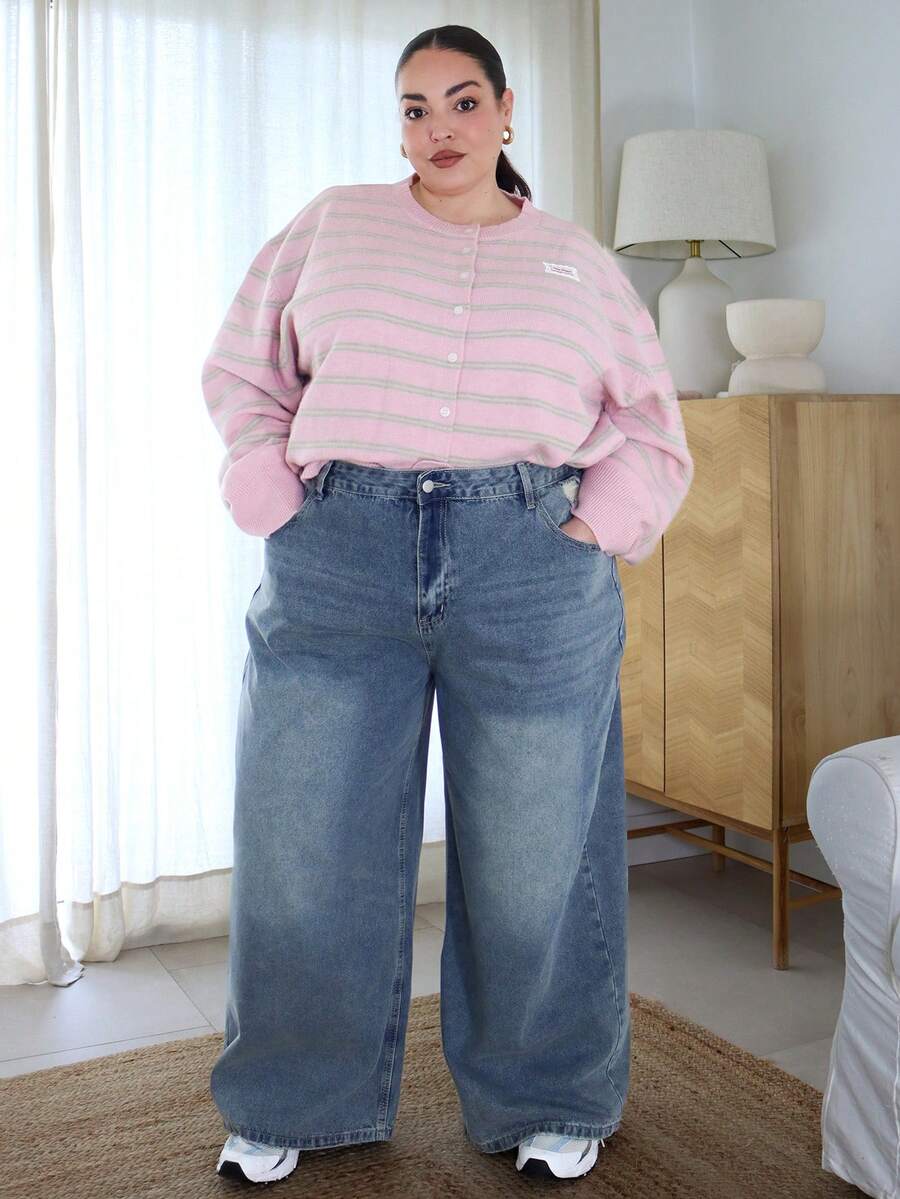 Pretty and Ole Plus Size Distressed Washed Wide-Leg Boyfriend Jeans,Baggy Jeans - Medium Wash - View 1