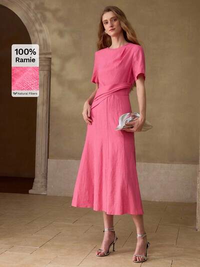 ROBE MIDI DÉCONTRACTÉE ET DE RENDEZ-VOUS À COL ROND ET MANCHES COURTES EN LIN 100% POUR FEMMES, PRINTEMPS/ÉTÉ