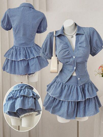 Sweetra 加大码两件套格子短袖衬衫和荷叶边短裤套装，休闲舒适，适合春夏穿着