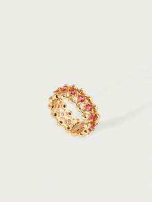 Glisma 18K Gold Plated Geometric Hollow Rose Red Zirconia Elegant Ringoutfits,Old Money,Metallic/Texture,Gemstone,For Mom/Women/Girl/Mother,Premium,Vintage,Classy,Gold,Easter,Travel/Beach/Vocation,Boho,Grunge - Hot Pink - View 5