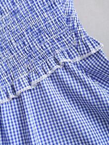 Sweetra Women's Elegant Plaid Square Neck Short Dress For Commuting - Blue - View 3