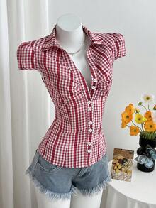 FavEase 女士V领收腰露背系带纽扣纹理格子衬衫 - 紅白色 - 查看 6