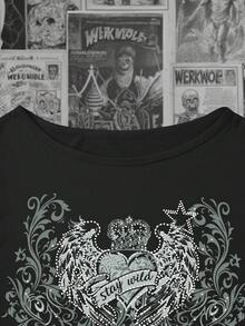 少女夏季休闲不对称领口爱心印花T恤 - 黑色 - 查看 4