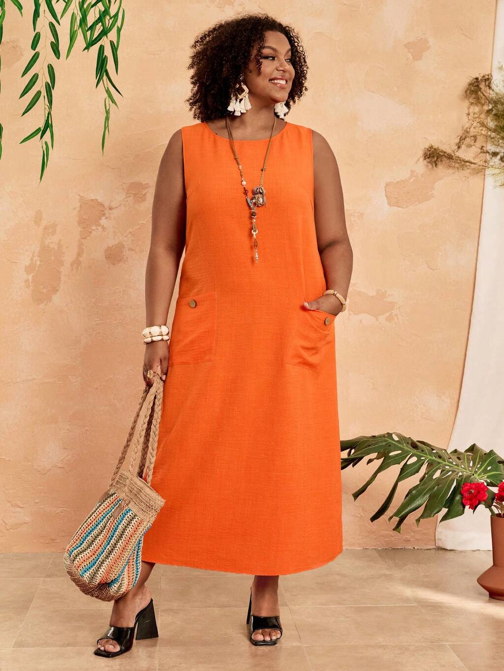 Robe longue sans manches orange vif pour femmes grandes tailles, décontractée pour les vacances