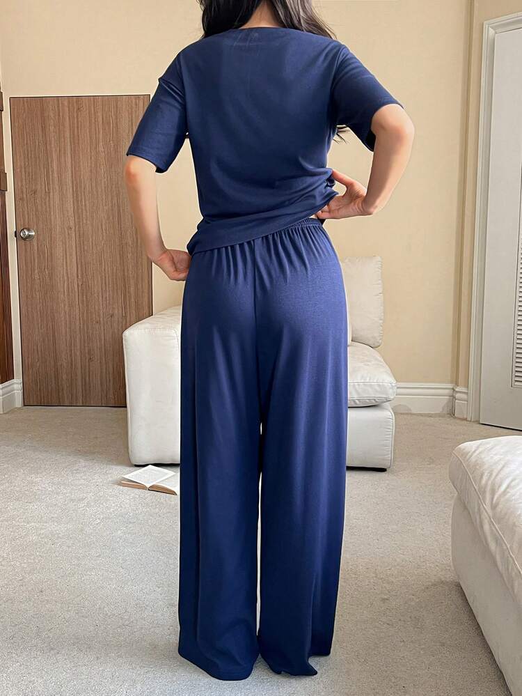 2pcs/Set Women Solid Color Short Sleeve T-Shirt And Loose Straight Long Pajama Pants, Summer Loungewear Set