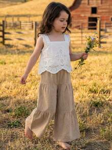 Emery Rose Kids Emery Rose Kids 2件套少女纯色梭织方领荷叶边休闲吊带背心和长裤套装 - 白色 - 查看 4