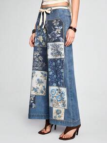 ROMWE Hippie Hàng mới về mùa Xuân & Thu, màu xanh denim trung bình, họa tiết chắp vá, quần jeans nữ thời trang và thoải mái. - Rửa trung bình - Xem 6