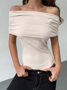 RiviMae Bodysuit Wanita Elegan Tanpa Bahu, Atasan Tanpa Lengan Berlipit Tanpa Tali Bergaris Warna Aprikot untuk Acara Malam Musim Panas, Kemeja Serbaguna Modis Warna Polos - Aprikot - View 6