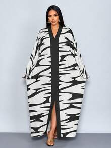 SOLERSUN Women's Modest Black And White Random Print Kaftan Maxi Dress With V Neck Long Batwing Sleeves - Black and White - View 8