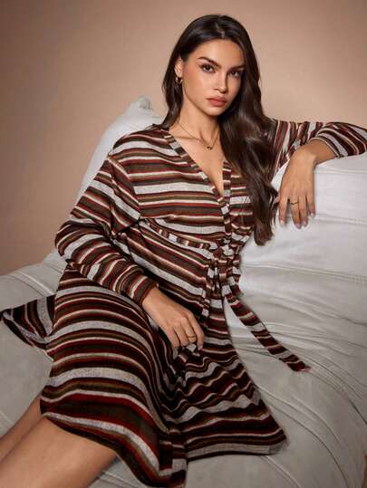 Lazeform Fashionable Jacquard Asymmetrical Striped Casual Loungewear Robe