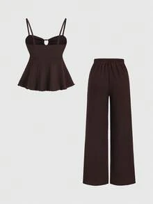 Sweetra Women's Khaki Casual Tie-Up Camisole Top & Comfortable Wide Leg Straight Pants 2 Pieces Set, Spring/Summer - Coffee Brown - View 2