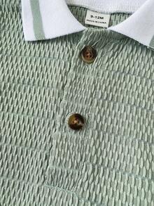 SHEIN 男婴撞色休闲Polo衫和松紧腰短裤套装，百搭日常穿搭 - 綠色 - 查看 3