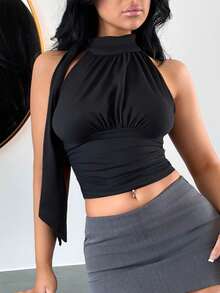 Vassilux Stand Collar Bowknot Drawstring Ruched Beige Blouse - Black - View 5