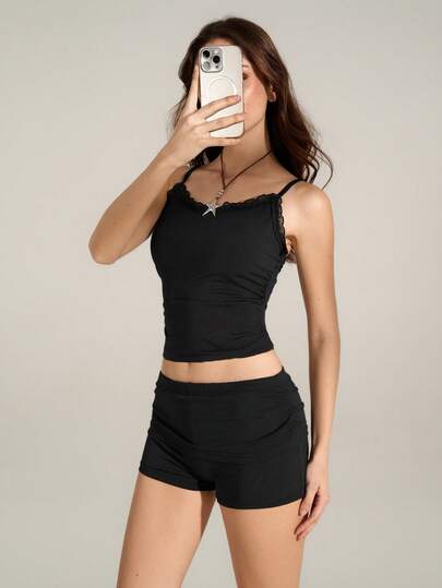 SHEIN Tall Women Summer Solid Color Lace Camisole & Pleated Shorts Slim Fit 2pcs/Set,Ladies Casual Contrast Lace,Frill,Ruched Slim Fit Black Camisole Shorts Women Two Pieces Outfits,Spring/Summer,Casual Daily Wear