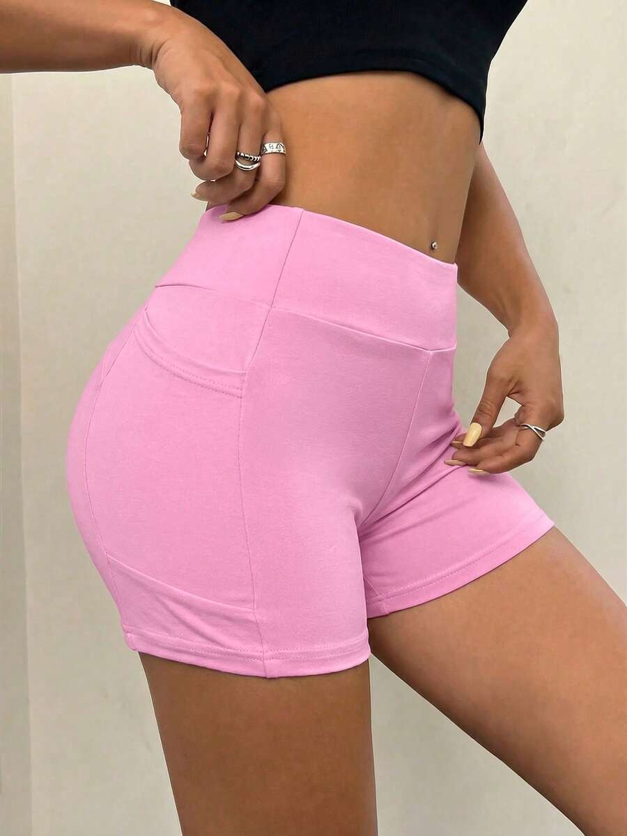 SHEIN EZwear 女士不透明纯色短款打底裤，带口袋 - 粉色 - 查看 1