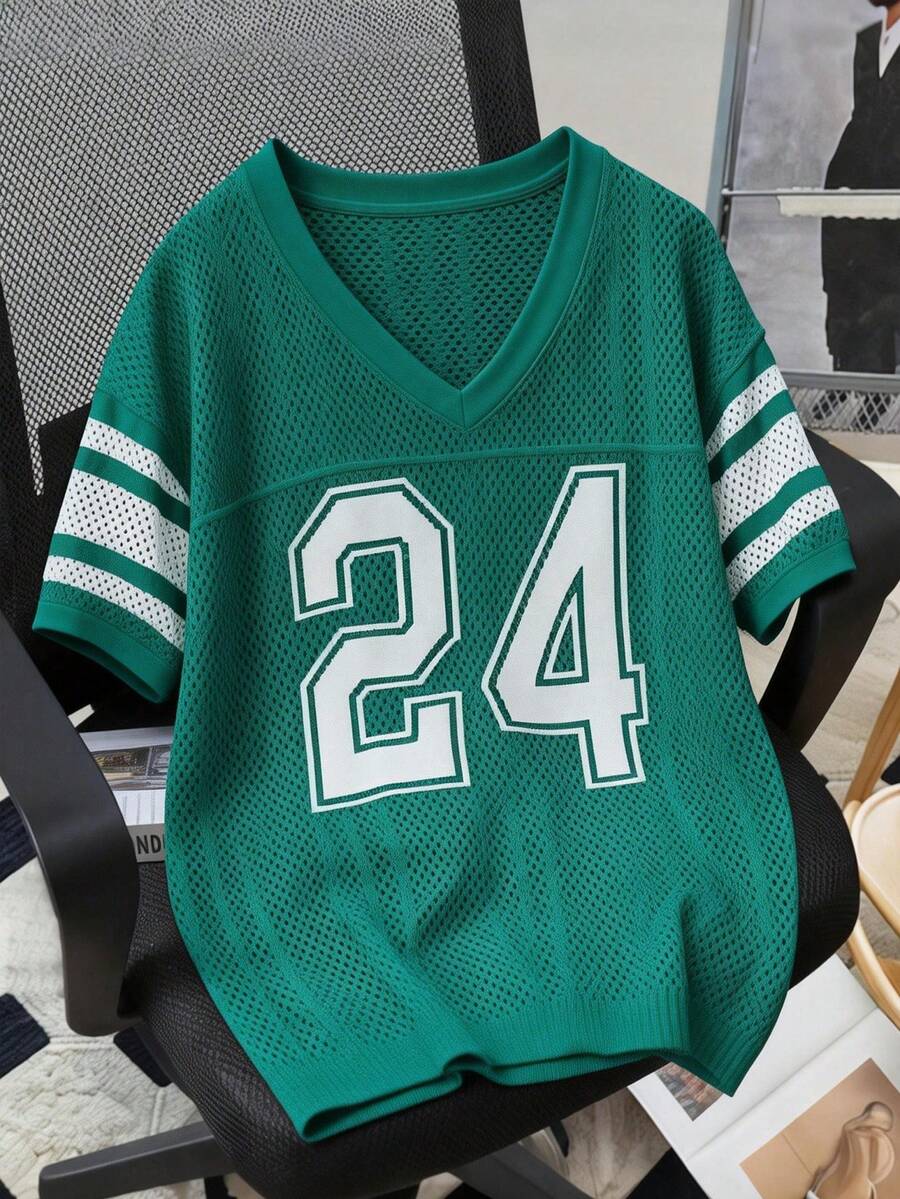 Manfinity Joysei Men's Casual Versatile Numeric Pattern Knit Short Sleeve Top, Suitable For Daily Wear - Green - View 1