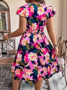Weeklong Plus Size Women's Floral Print V-Neck Flutter Sleeve Ruched Waist A-Line Dress,Navy Blue,Summer,Boho,Vacation,Holiday,Elegant French Retro Beach Resort - Multicolor - View 2