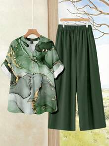 EMERY ROSE 2pcs Plus Size Green Foil Abstract Floral Print Shirt And Pants Set - Multicolor - View 1