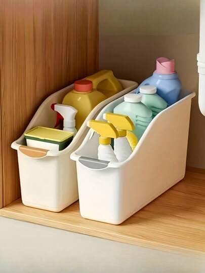 2个装强力塑料弧形设计节省空间带盖白色储物盒，无需组装，适用于厨房橱柜水槽下、浴室家居收纳，多用途