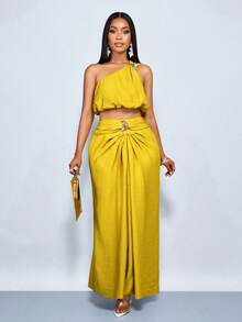 SOLERSUN Conjunto de dos piezas sexy y elegante con lunares, top hombros descubiertos, falda larga, traje casual de lino amarillo, perfecto para ir al trabajo y de vacaciones, ropa de mujer para primavera/verano. - Mostaza Amarilla - Ver 4