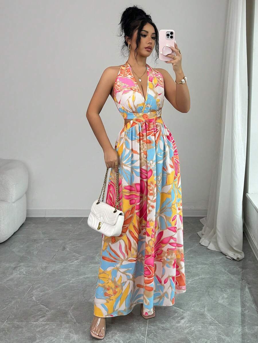 SHEIN Elenzya Women's Elegant Vacation Cropped Waist Sleeveless Floral Deep V-Neck Flared Sexy Vacation Dress (Female), Summer Outfit, Commute, Daily, Vacation, Date, Bohemian Vacation - Multicolor - View 1