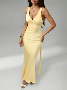 SHEIN PETITE Sexy Minimalist Solid Color Yellow/Cream Deep V-Neck Sleeveless Backless Tie Maxi Dress, Suitable For Party, Cocktail, Formal Occasions, Bridesmaid, Birthday, Christmas, Business Casual Open Back Dresses Yellow Wedding Guest Dress,Dresses For Women Elegant - Yellow - View 6