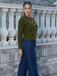 Melissa Matos Cárdigan minimalista y versátil de unicolor para mujer - Verde militar - Ver 2