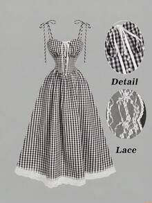 SHEIN MOD Red & White Plaid Romantic Cute Countryside Style Midi Dress - Black and White - View 2
