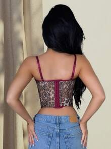 Vassilux Damen Leoparden-Muster Spitzen-Patchwork Sexy Trägerhemd, vielseitig für Ausgehen, Date Night, Themenpartys, Raves, Korsett-Top, Konzerte, Rave-Top - Bordeaux - Übersicht 2