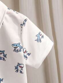 Souflis Souflis 2pcs/Set Boys' Shark Print Polo Shirt & Shorts,White Summer Matching Outfit For Holiday & Family Vacation,Fashionable Casual Back To School Suit - White - View 5