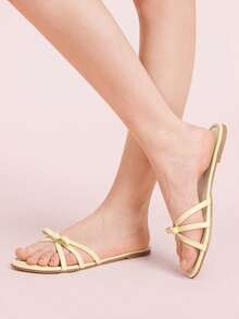 CUCCOO DOLLMOD Sandalias planas cómodas de color amarillo claro para damas, con decoración de lazo en estilo dulce - Macaron albaricoque - Ver 3